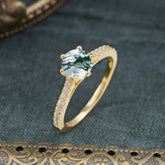 Classic Round Cut Moss Agate Engagement Ring Pave Bridal Ring